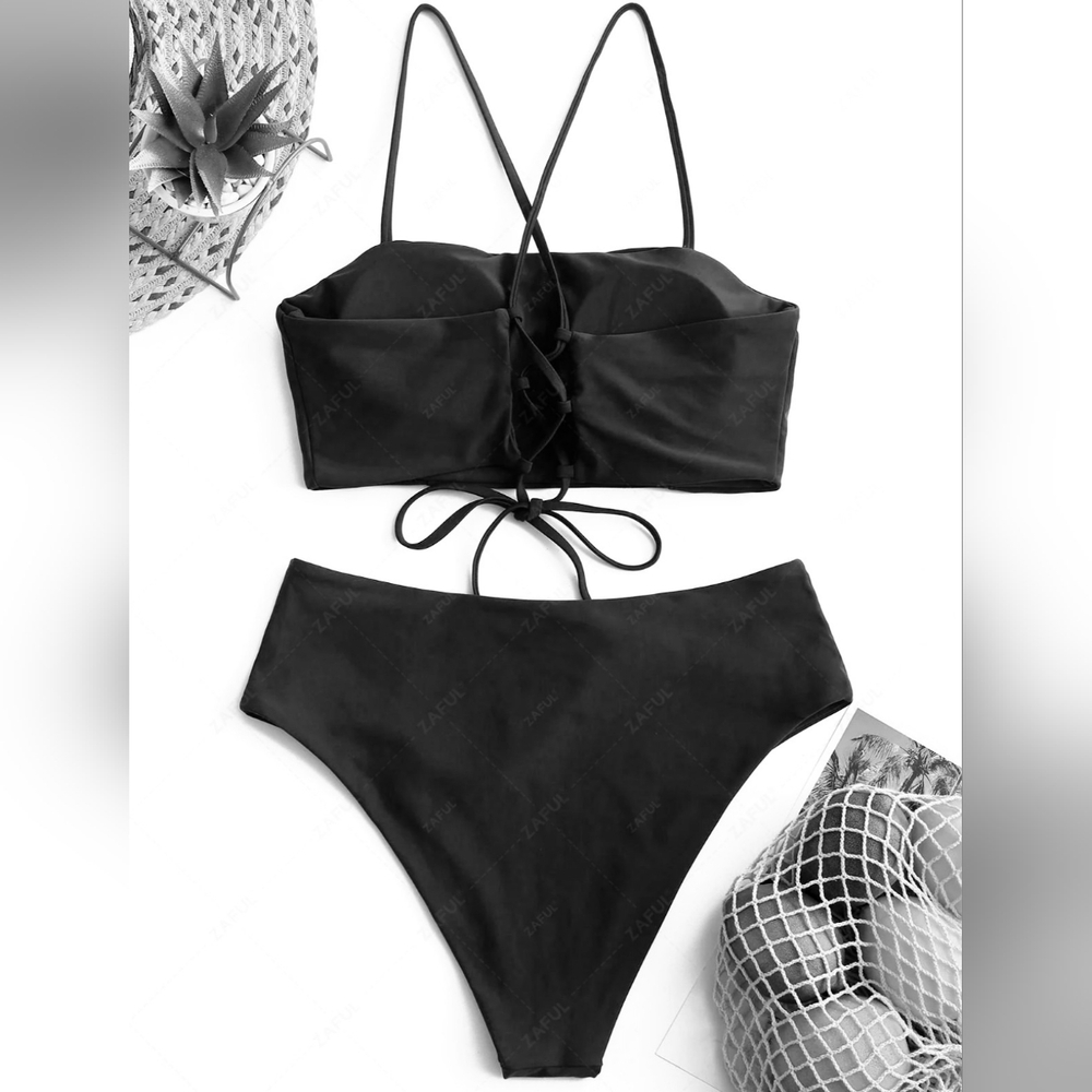 NWT ZAFUL Crisscross Black Lace-up High Waisted Bikini Swimsuit SZ S - Picture 2 of 3
